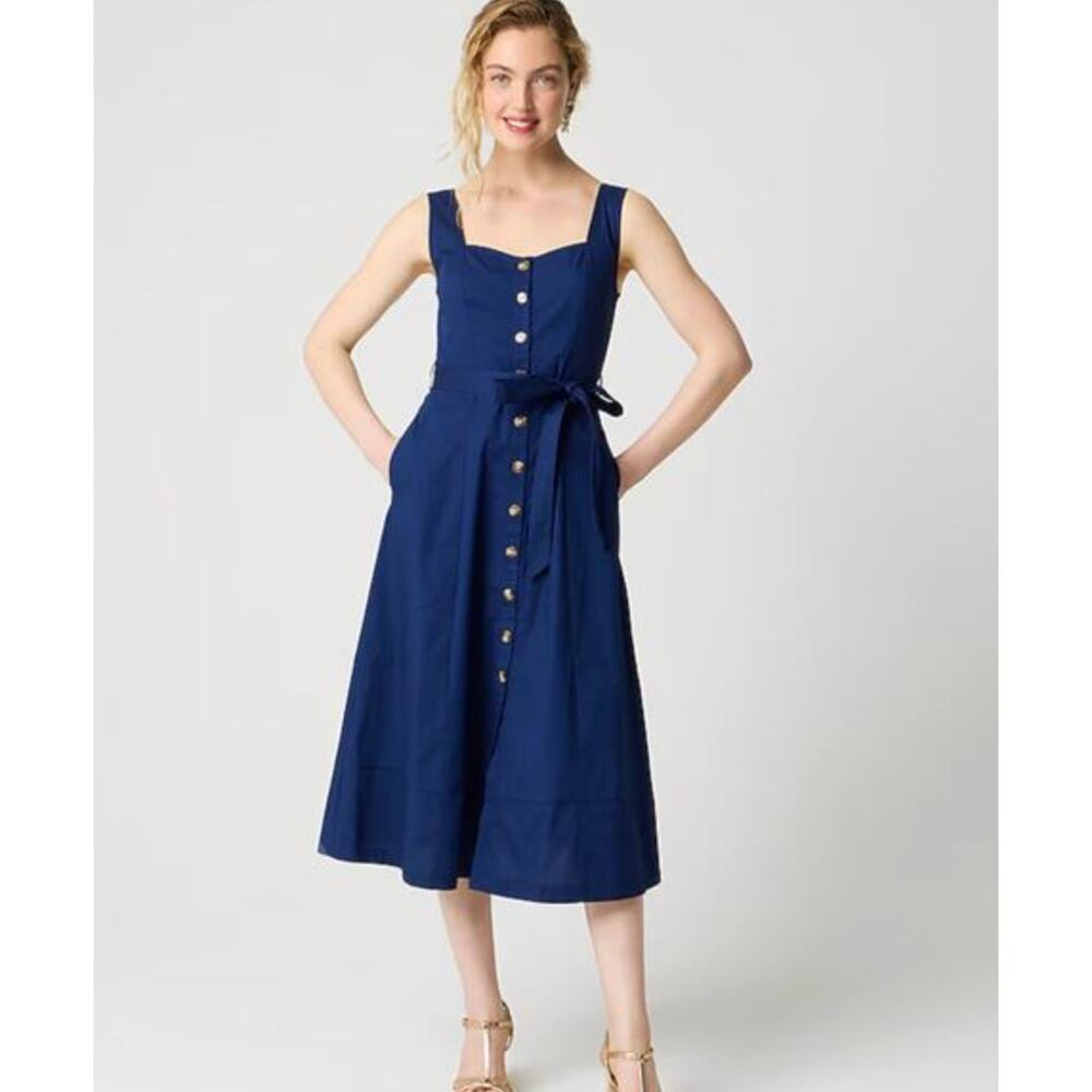 J.Crew Button Front Belted Midi Dress Cotton A Line Sweetheart Navy US 6 NWT